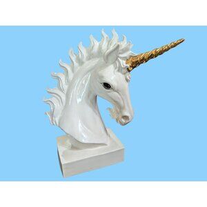 Ceramic Unicorn Bust Sculpture With Gold Horn & Flowing Mane